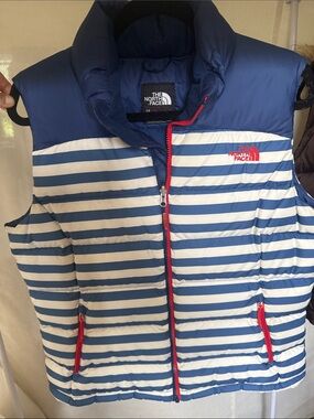 The North Face Kids' Navy & White Striped Puffer Vest with Red Accents